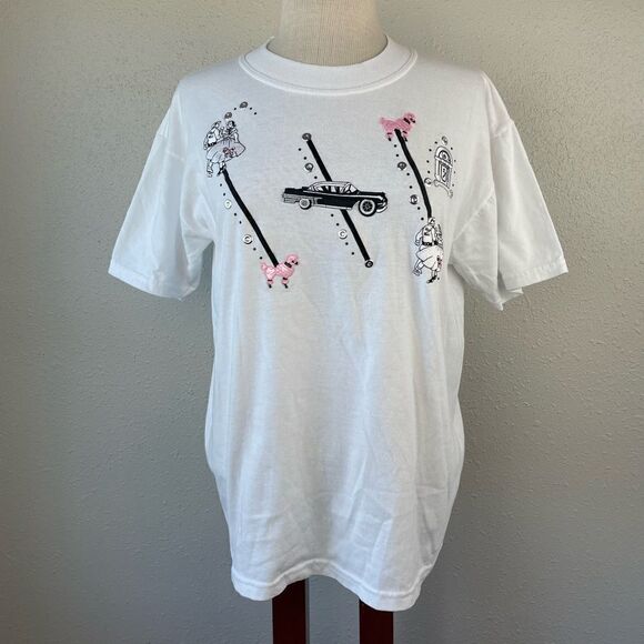 50’s Pink Poodles and Juke Box Short Sleeve Top Size M EUC - Picture 1 of 5